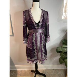 INC International Concepts Purple Silk Dress Size 2 3/4 Sleeve V-Neck